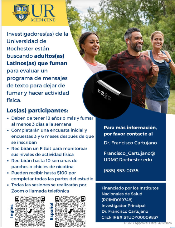 UR Medicine lanza Actívatexto, un innovador programa móvil para ayudar a latinos a dejar de fumar y mejorar su actividad física 1 Wilmot Cancer Institute